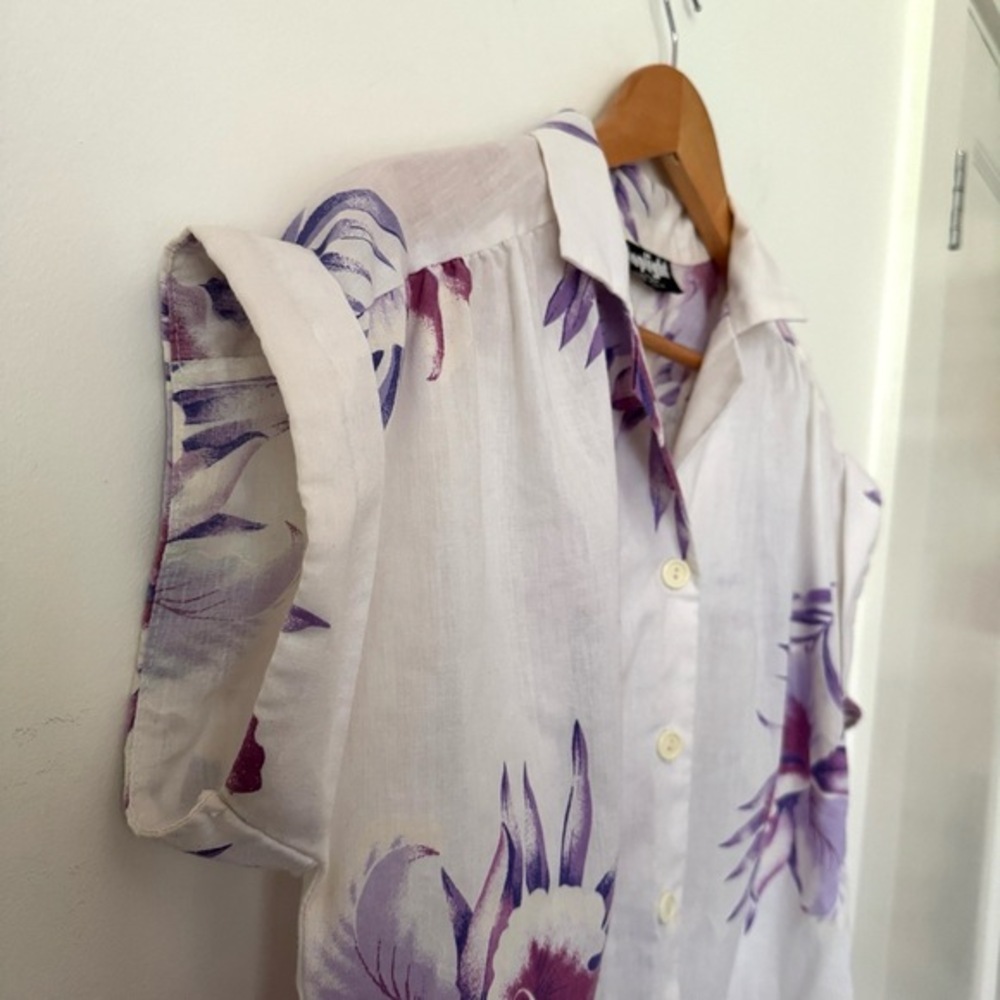 Vintage Tropical‎ Floral Top Womens L Purple Summer Retro Vacation Cali Indie - Picture 4 of 6